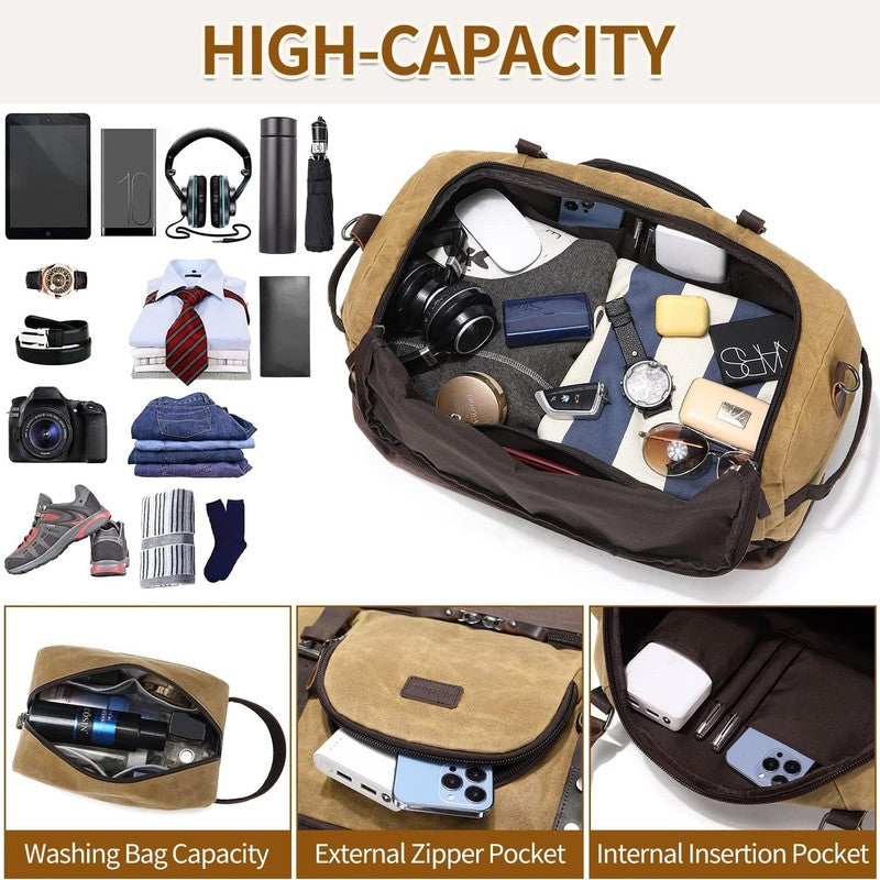 Nerlion Weekender Duffle Bag Brown Canvas Leather Carry On Shoe Compartment3
