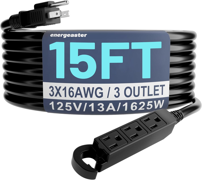 15FT 16/3 Outdoor Extension Cord 3 Outlet 3 Prong Black Waterproof ETL0