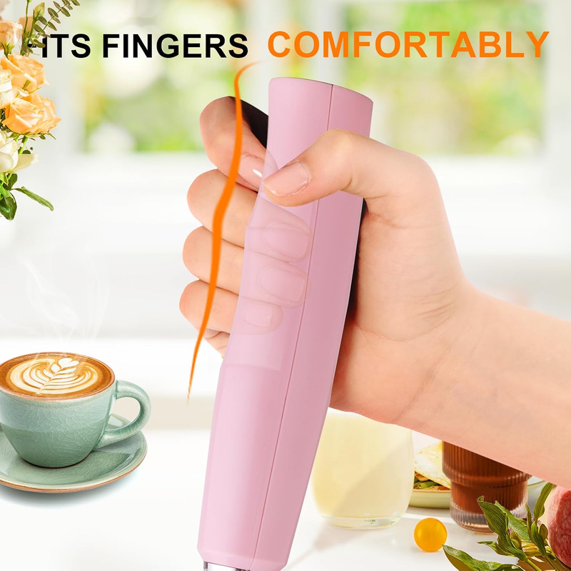 Milk Frother Handheld USB Rechargeable 3 Speed 3 Heads Coffee Whisk Pink3