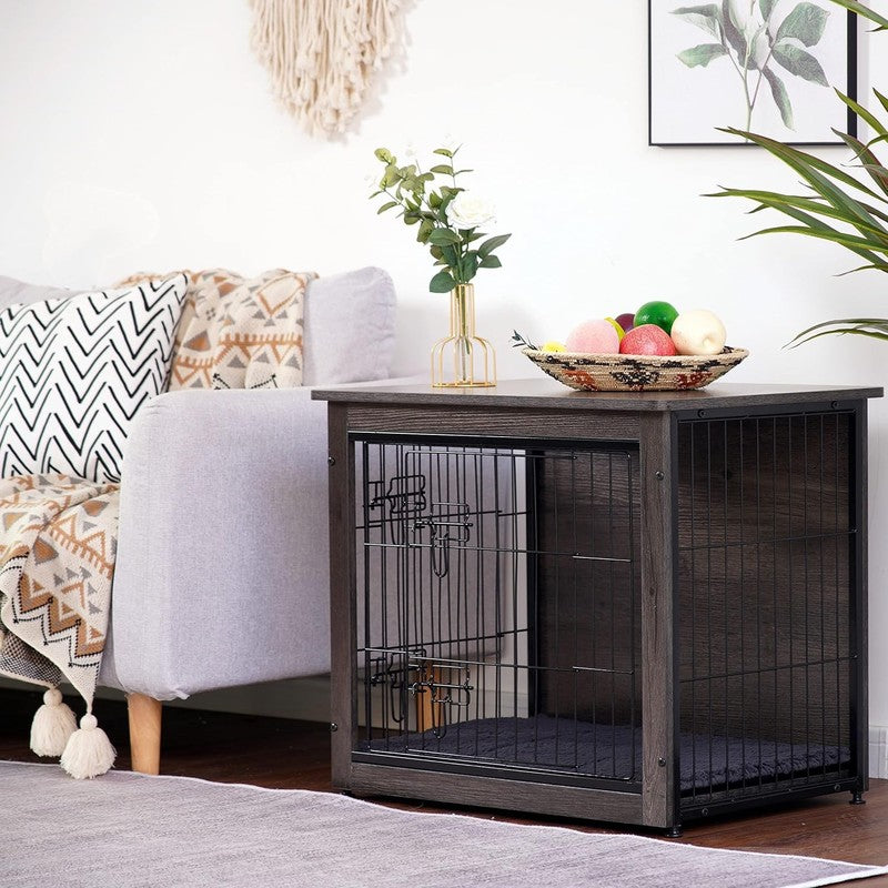 Dog Crate Furniture Table w/Cushion Wooden Kennel Double Door 27.2" Dark Gray2