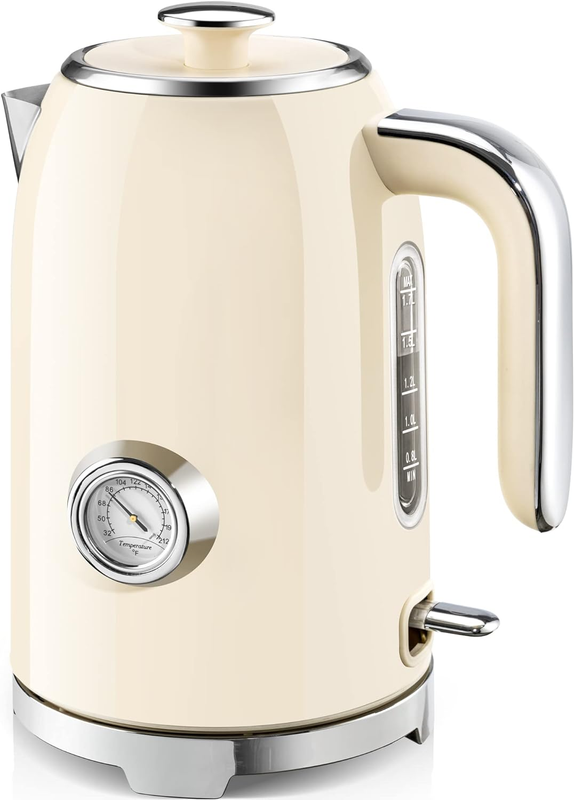 Electric Kettle 57Oz 1500W Stainless Steel Fast Boil w/ Thermometer Beige10