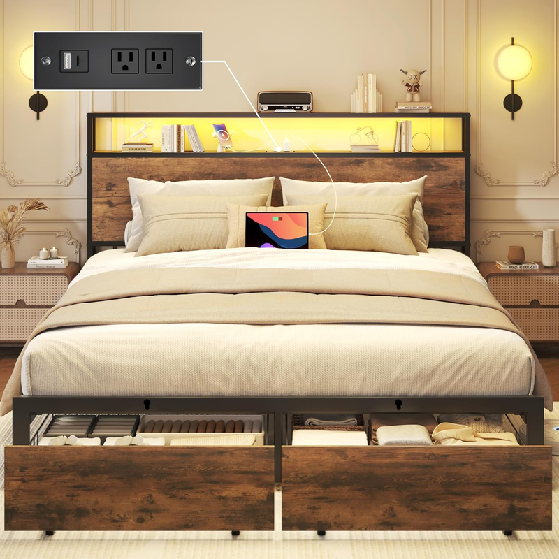 Queen Bed Frame LED Charging Storage Headboard Drawers Metal Rustic Brown8