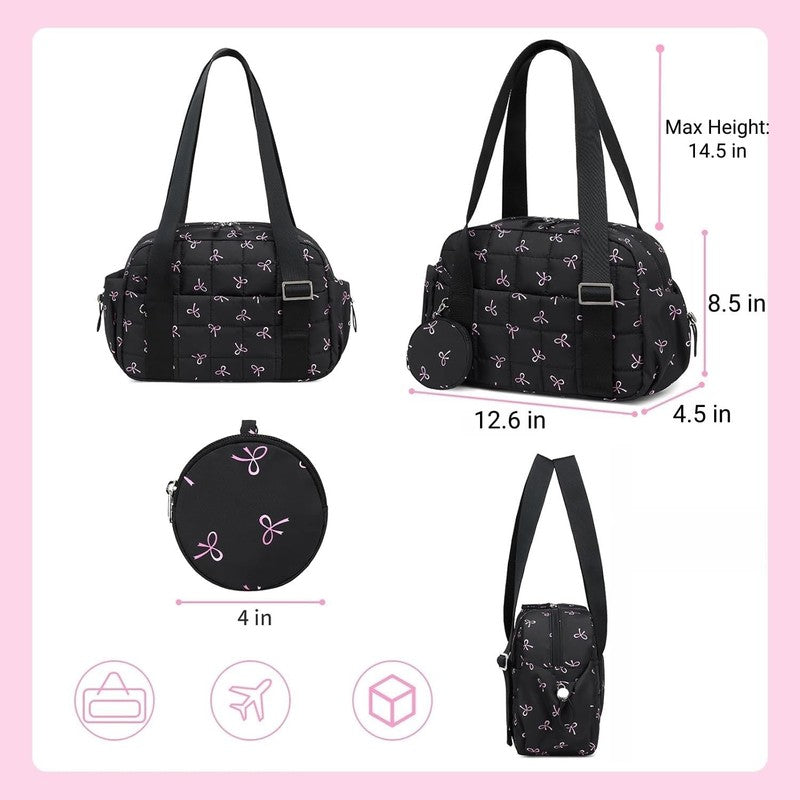 Mini Gym Bag Women Quilted Duffel Wet Compartment Coin Purse Black Pink Bow2