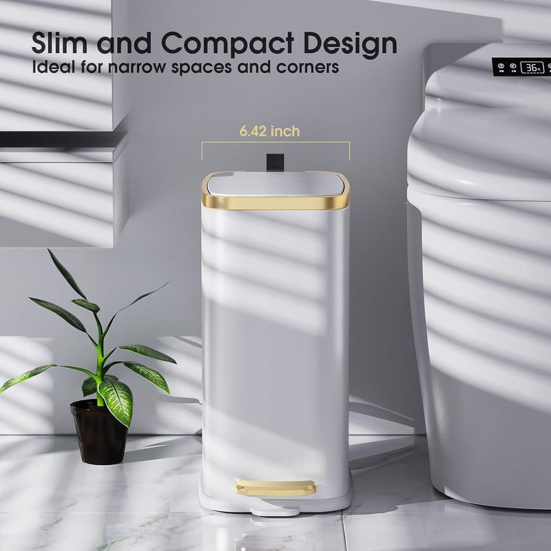 5L Bathroom Trash Can with Lid, Slim Step Waste Bin, Soft Close, White1