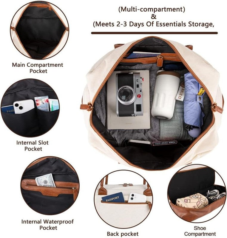 Canvas Weekender Duffle Bag Women Carry On Shoe Compartment Toiletry2