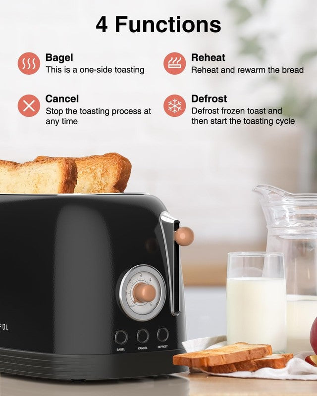 Retro 2-Slice Toaster Black - Wide Slots, Bagel, Cancel, Defrost, 6 Shade1