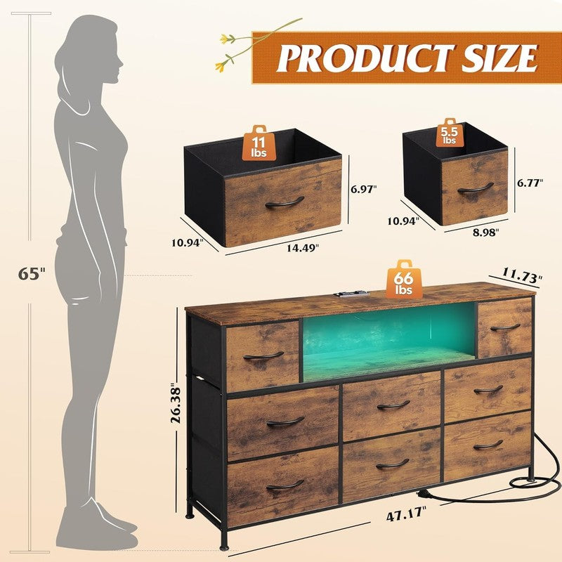 Rustic Brown TV Stand Dresser LED Lights Charging Station 8 Fabric Drawers Shelf8