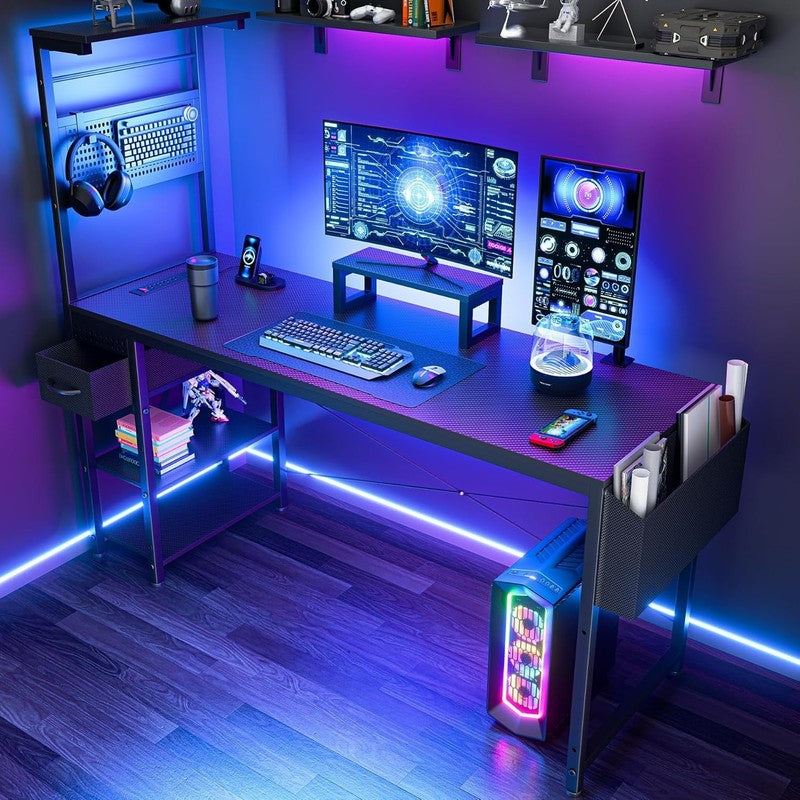 55" Gaming Desk w/ Adjustable Storage Rack, LED Lights & Power Outlets6