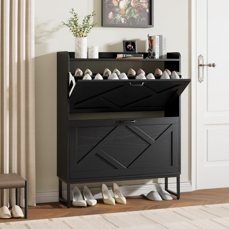 Shoe Cabinet 2 Flip Drawers Freestanding Slim Farmhouse Entryway Black10