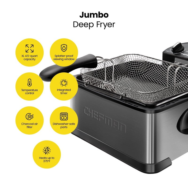 4.5L Deep Fryer, XL Capacity, Adjustable Temperature & Timer - Black Stainless S1