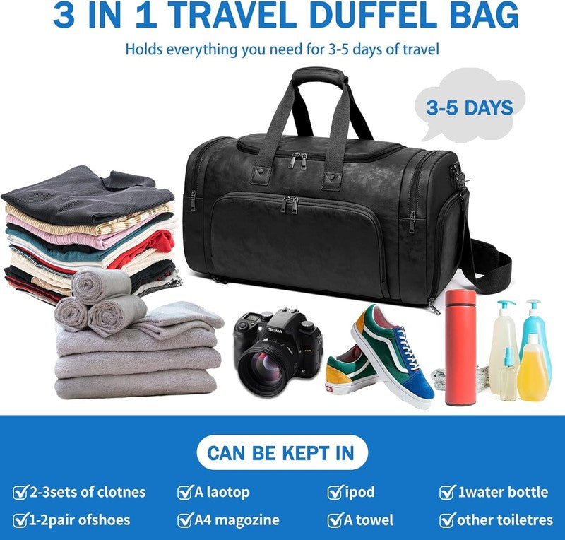 Leather Travel Duffle Bag Waterproof Weekender Shoe Compartment Gym Business Bag4