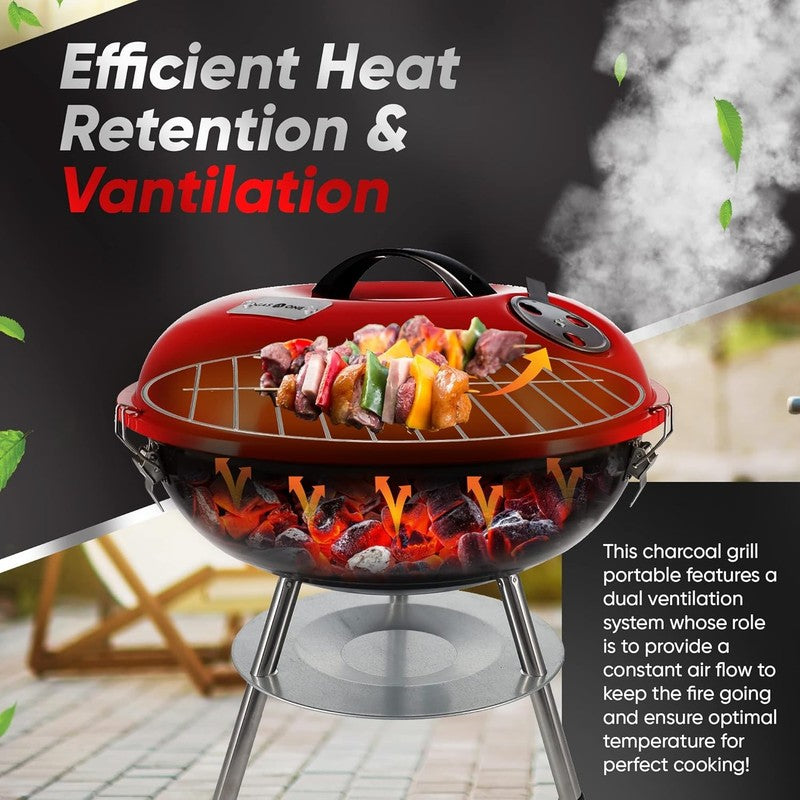 – 14-Inch Portable Barbecue Grill with 3-Point Locking Lid for Heat Preservation2