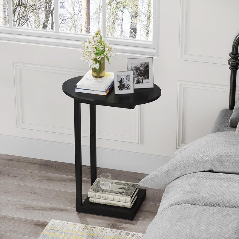 Small C Shaped Side End Table Wood TV Tray Couch Table Black4