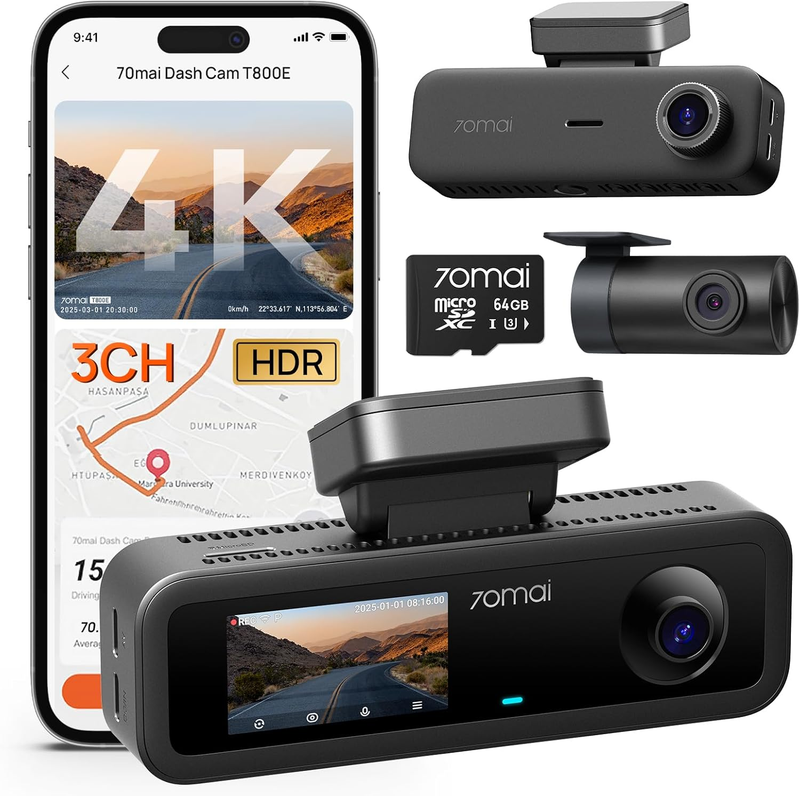 4K 3-Channel Dash Cam Front/Rear T800E GPS WiFi Voice Control Night Vision0