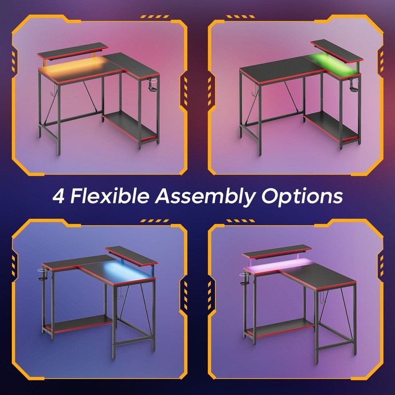 42" Reversible L-Shaped Gaming Desk LED with Monitor Stand & Headset Hooks7