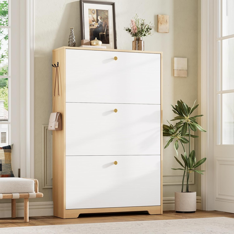 Modern Shoe Storage Cabinet Freestanding Hidden Rack Entryway Hallway Oak/White0