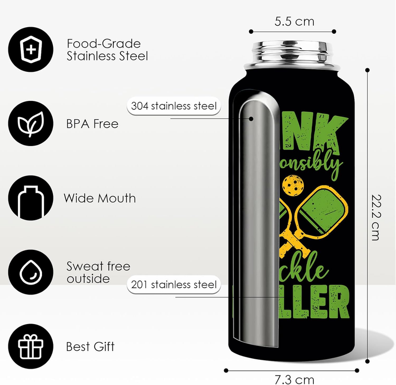 32oz Pickleball Insulated Water Bottle Stainless Steel Tumbler Proof Hot Cold8
