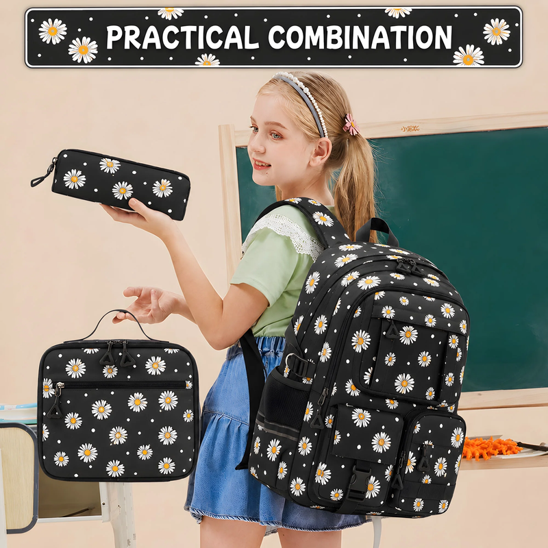 Kids Backpack Set w/ Lunch Bag & Pencil Case Black Flower2