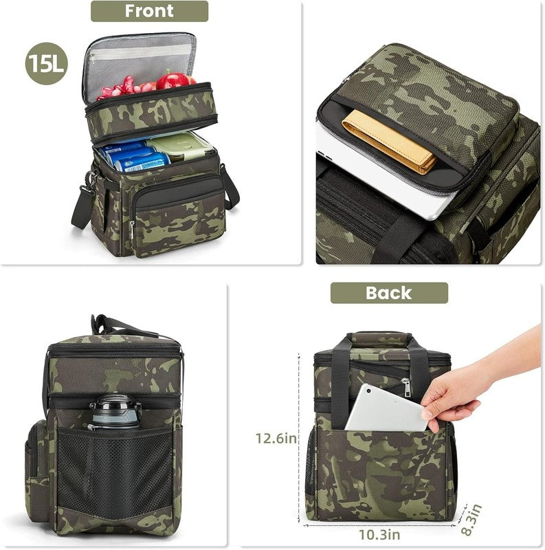 Insulated Lunch Bag & Box 15L Double Deck Reusable Cooler Tote Leakproof Camo2
