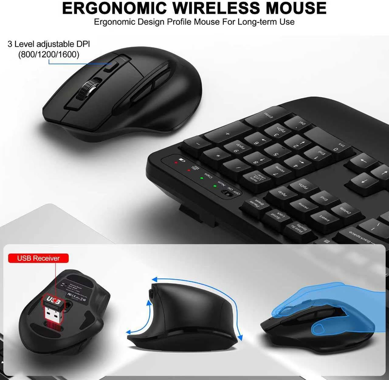 Wireless Keyboard and Mouse Combo, 2.4G Full Size Wave Keys Ergonomic Keyboard w3
