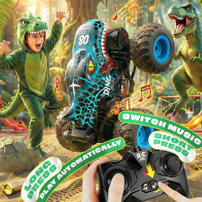 RC Monster Truck Toy Dinosaur Car Light Music 30° Spin Drifting Kids Blue3