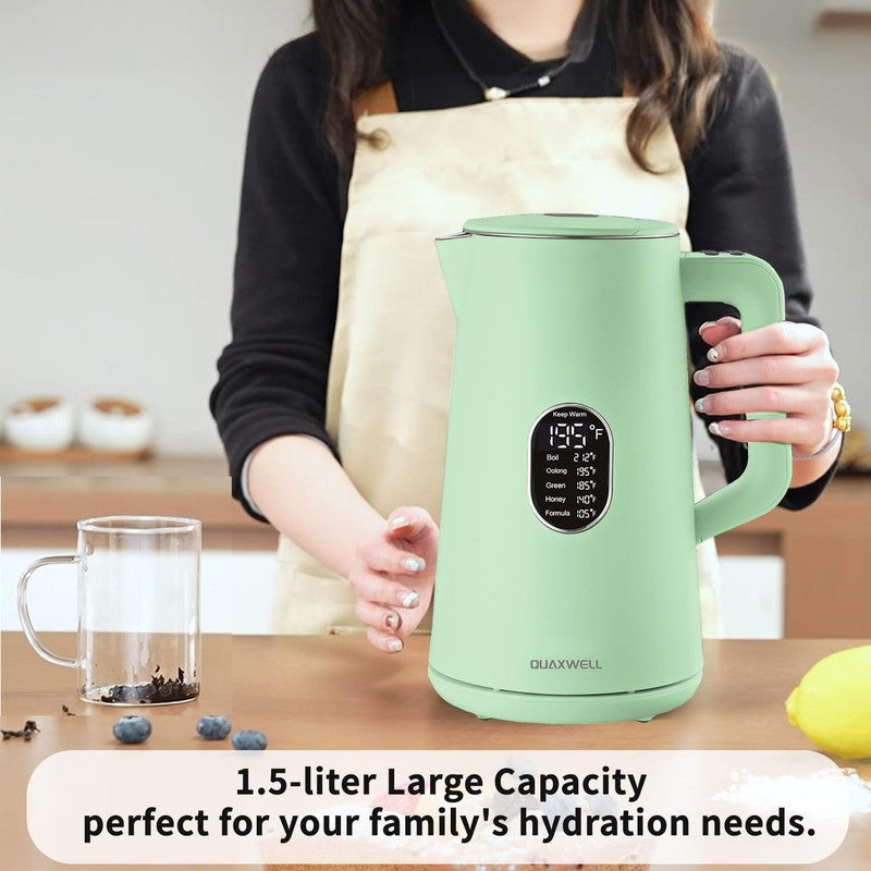 Electric Kettle 1.5L Stainless Steel Double Wall 5 Temp LED Keep Warm Green1