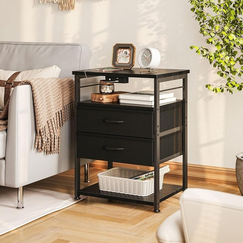 Night Stand W/ Charging Station Tall Nightstand Bedroom 4 Tier Storage End Table6