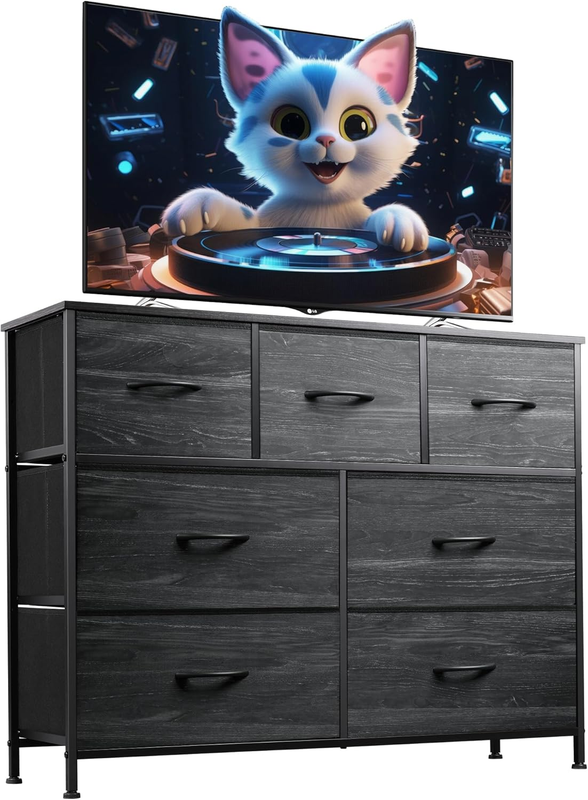 7 Drawer TV Stand Dresser Charcoal Black Wood Grain Metal Frame Storage Chest0