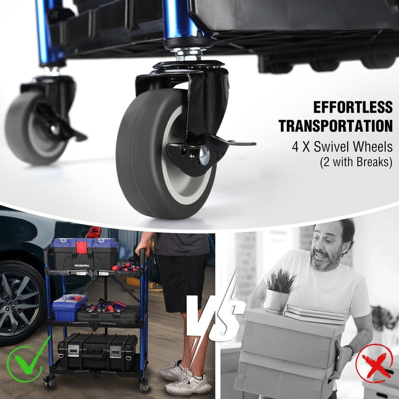 3 Tier Folding Collapsible Service Cart with Wheels, 210 Lbs Loading Capacity, F5
