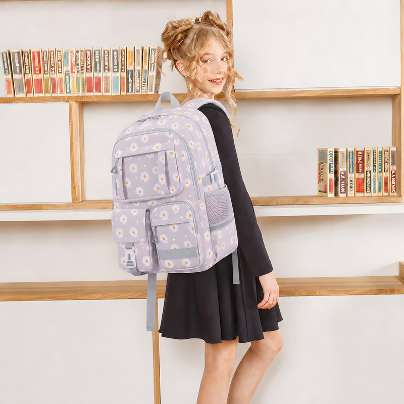 Kids School Backpack Set w/ Lunch Bag Pencil Case Gray Flower7