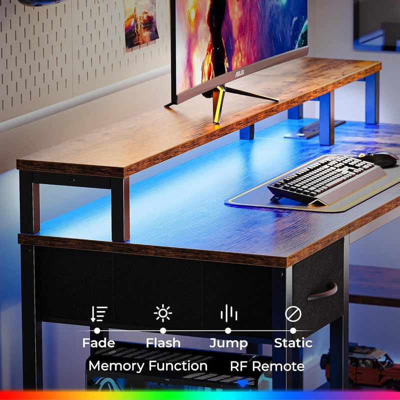 47'' Reversible L Shaped Desk LED Lights Power Outlets Gaming Rustic4