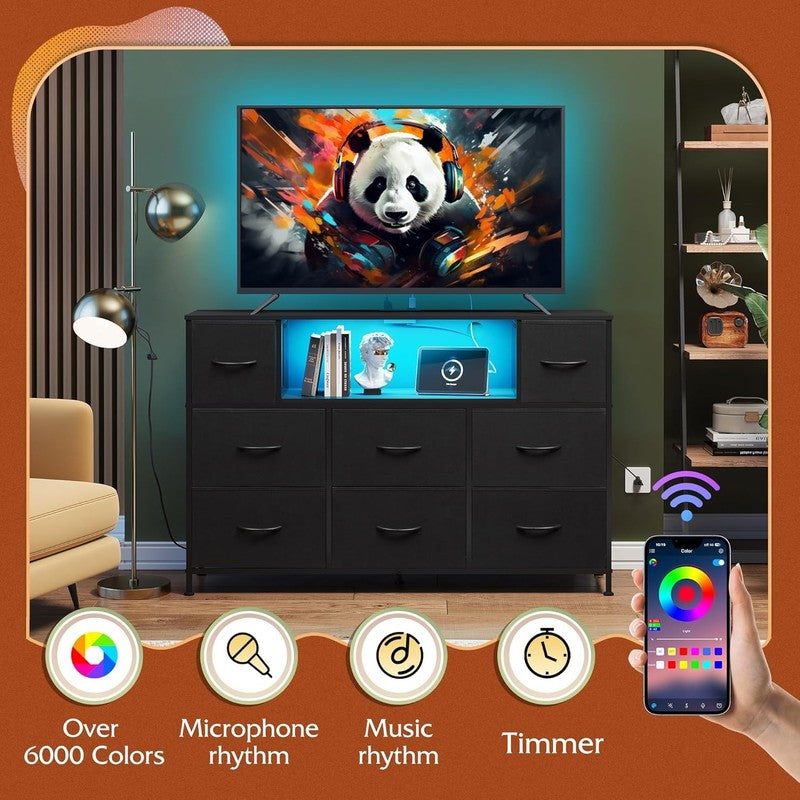 Black TV Stand Dresser LED Lights Charging Station 8 Fabric Drawers Shelf3