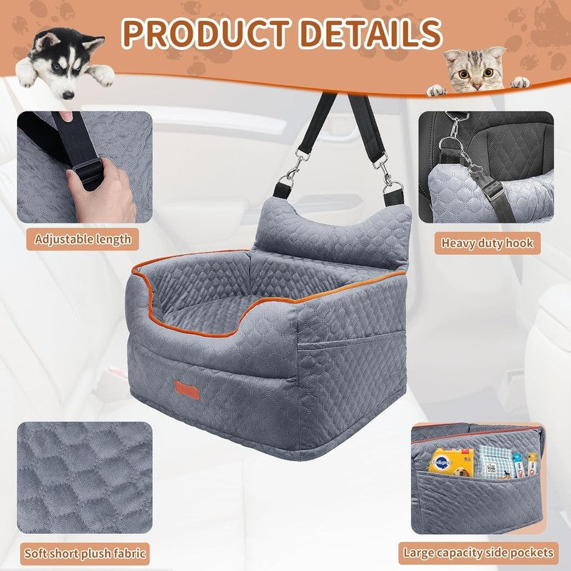 Dog Car Seat Memory Foam Small Dogs up to 25lbs w/ Pockets & Seat Belt Grey3