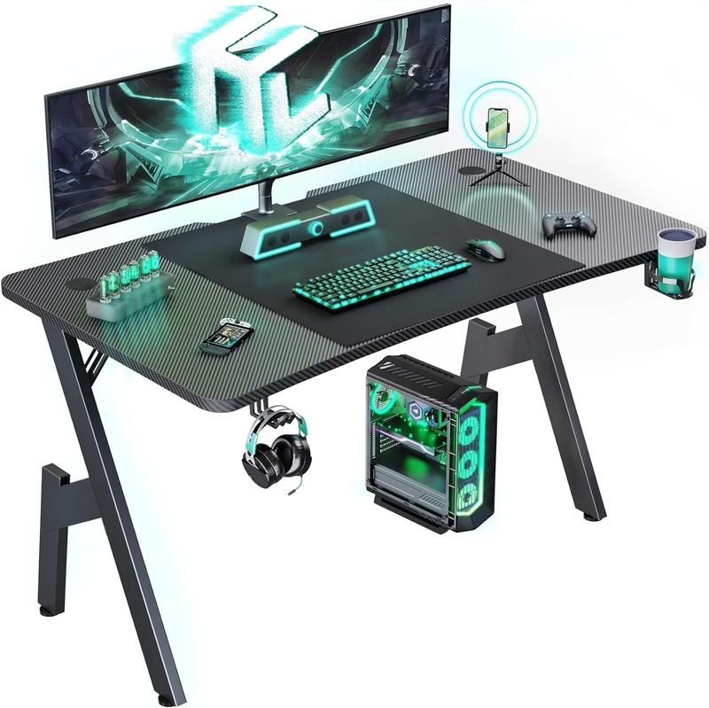 47" Gaming Desk with Cup Holder & Headphone Hook   Ergonomic Carbon Fiber Design0