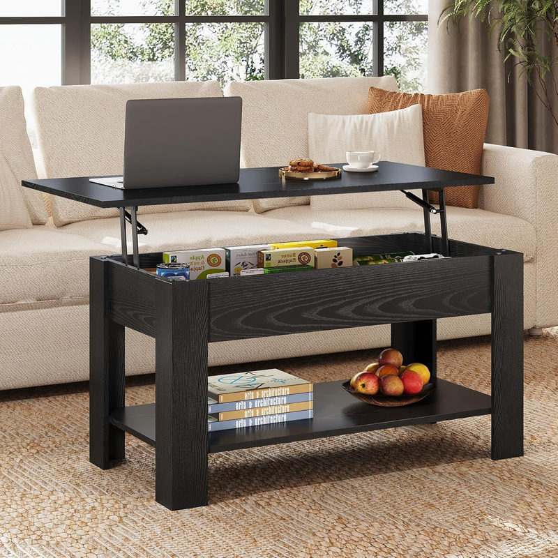 39" Lift Top Coffee Table w/ Hidden Compartment Storage Shelf Black Oak1