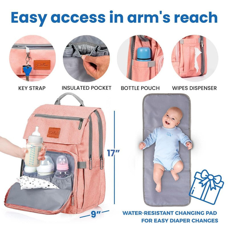 Pink Baby Diaper Bag Backpack Large Waterproof w/ Changing Pad Cute Girl3