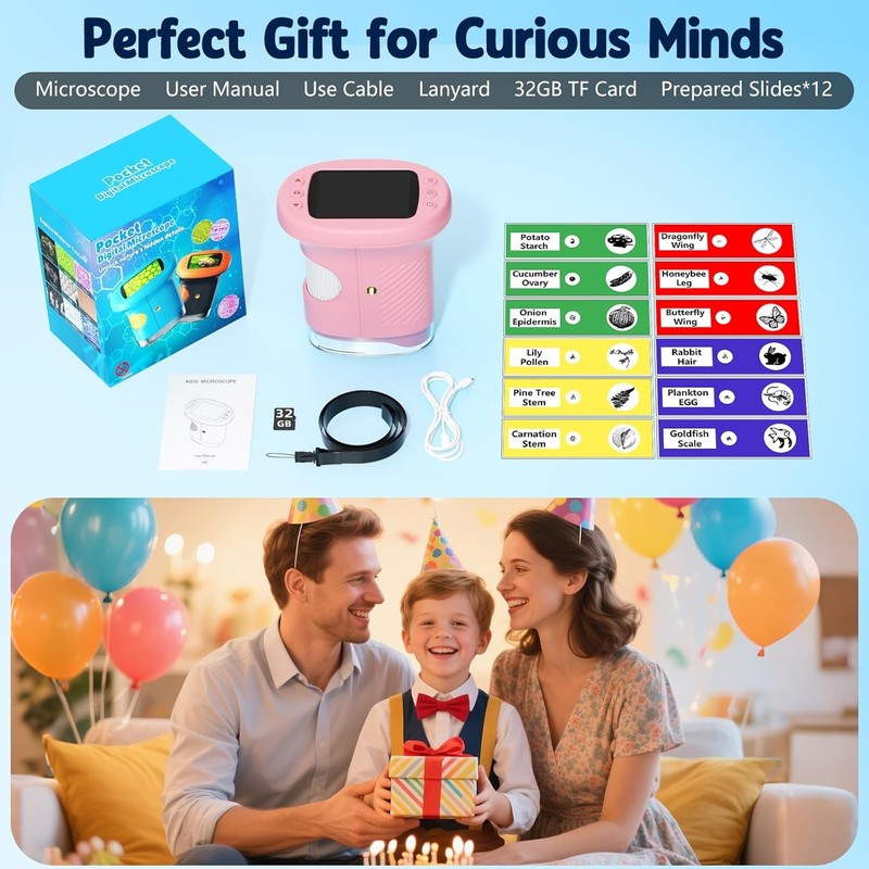 Kids 1000X Digital Mini Microscope 4K Screen with 12 Slides – Pink8