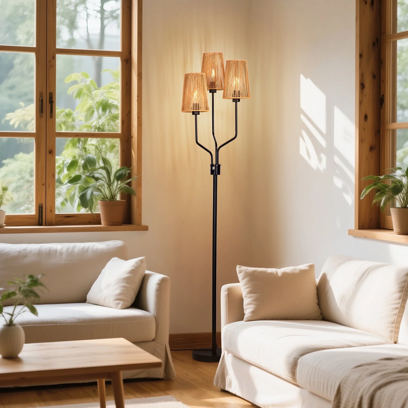 Rattan Floor Lamp 3 Tier Dimmable Rustic Boho Lighting for Living Room Bedroom4