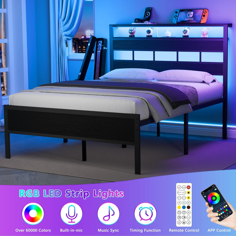 Size Bed Frame LED Charging Station Storage Headboard Metal Platform Black Oak5