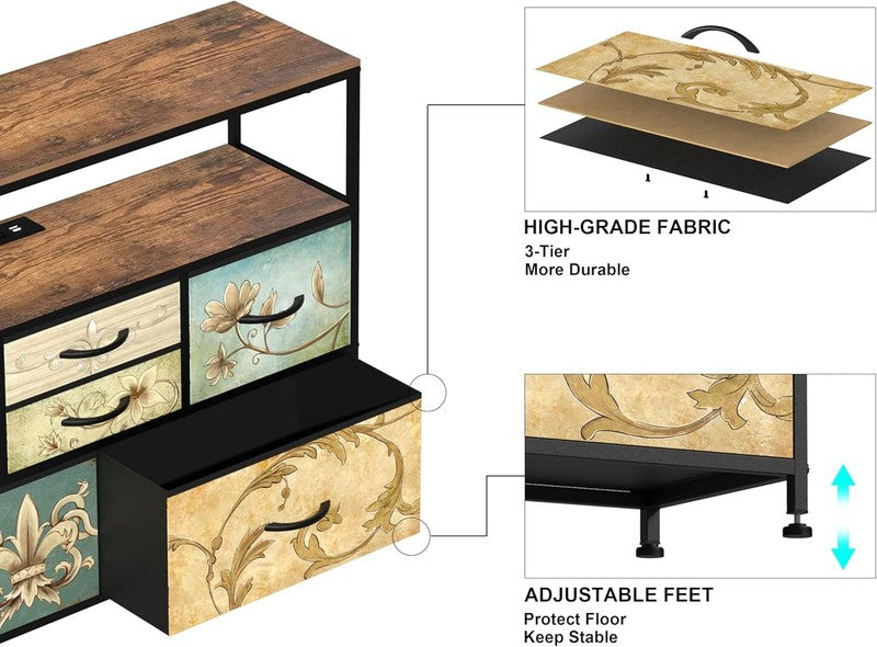 TV Stand Dresser with Power Outlet LED Light 6 Fabric Drawers Retro Storage5