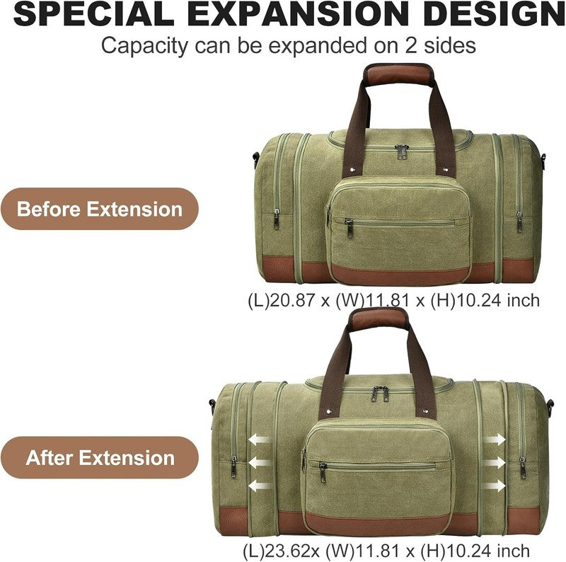50L Canvas Travel Duffle Bag Army Green Overnight Weekender Gym Carry On2