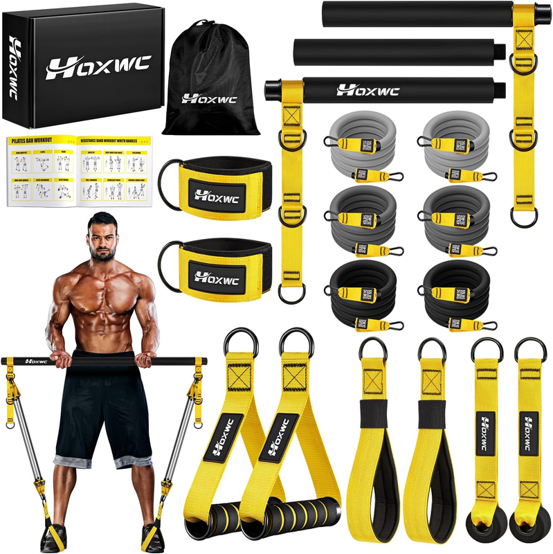 Portable Pilates Bar Kit w/ Resistance Bands Adjustable Home Gym Full Body10