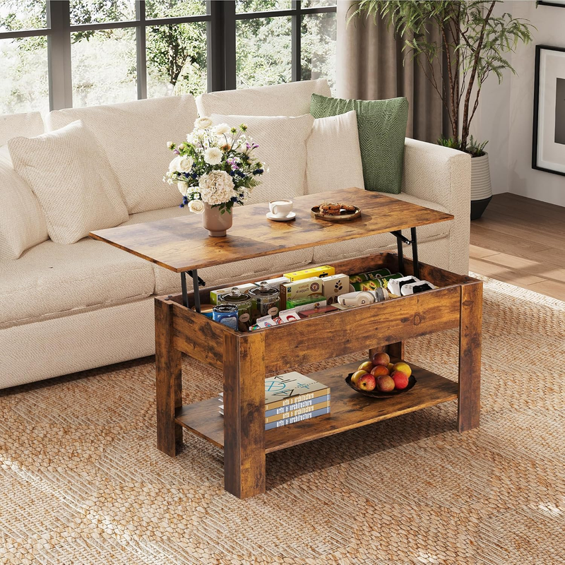 39" Lift-Top Coffee Table with Storage Shelf Rustic Brown1