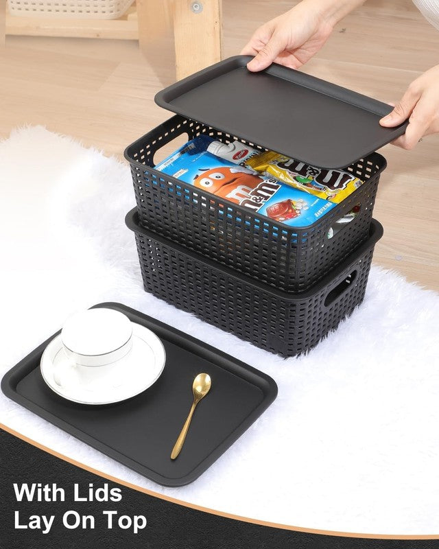 6 Pack Plastic Storage Bins with Lids, Stackable Organizer Baskets Black4
