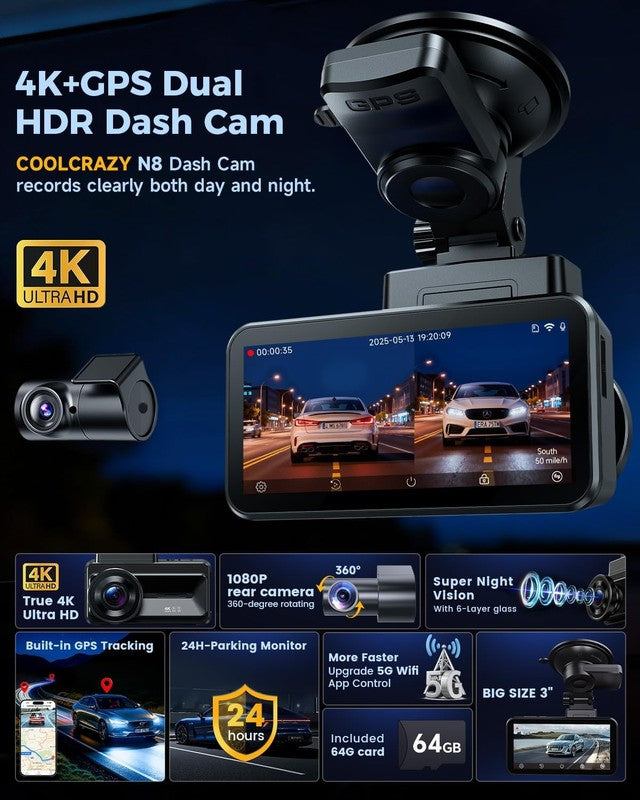 4K+1080P Front/Rear Dash Cam 64GB Card WiFi GPS Night Vision 3" IPS Screen1