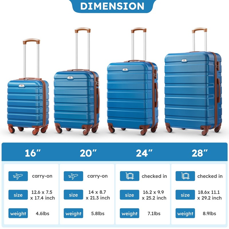 4 Piece Luggage Set Hardside Spinner Suitcase 16 20 24 28 Inch Sky Blue Tan4
