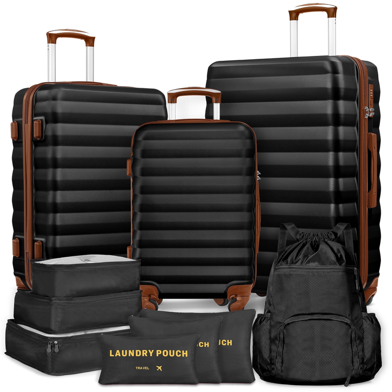 10 Piece Luggage Set Hardside Suitcase 28 24 20 Inch Backpack Black Brown0