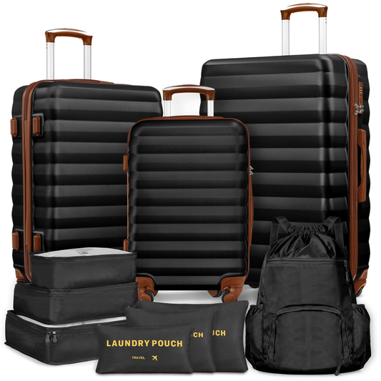 10 Piece Luggage Set Hardside Suitcase 28 24 20 Inch Backpack Black Brown0