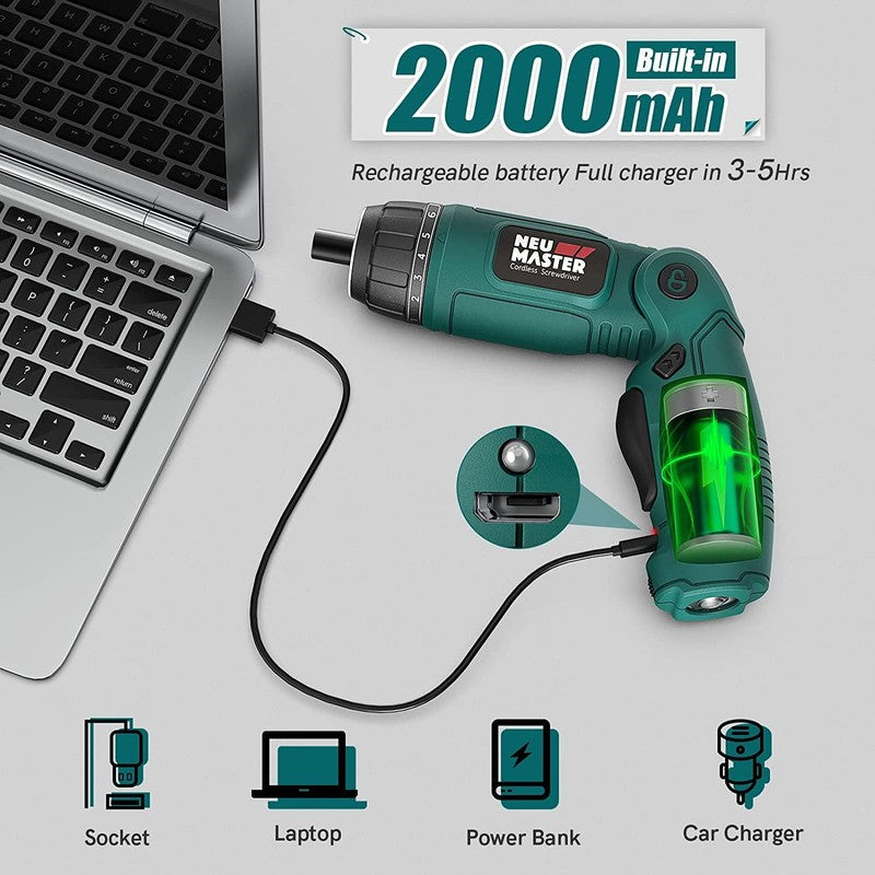 4V Cordless Electric Screwdriver 6+1 Torque 32pc Bits Pivot Handle LED 2000mAh4