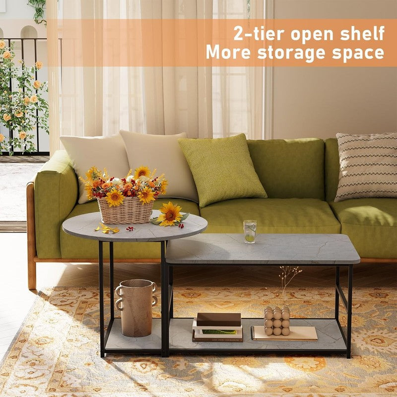 2 in 1 Grey Marble Coffee Table Set with Storage, Modern Living Room Table4